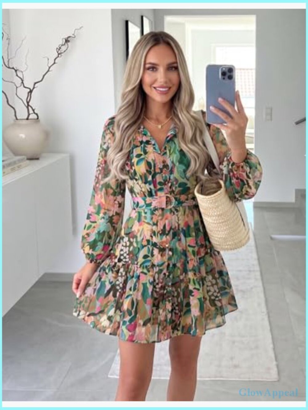 Long Sleeve Floral Mini Dress Chiffon A-Line Swing Party Dress - Picture 3 of 7